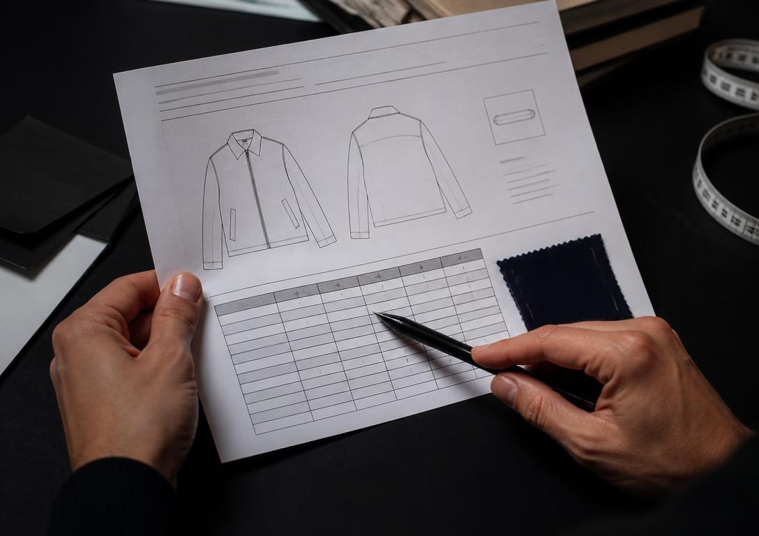 Reviewing a supplied garment specification sheet with fabric swatch
