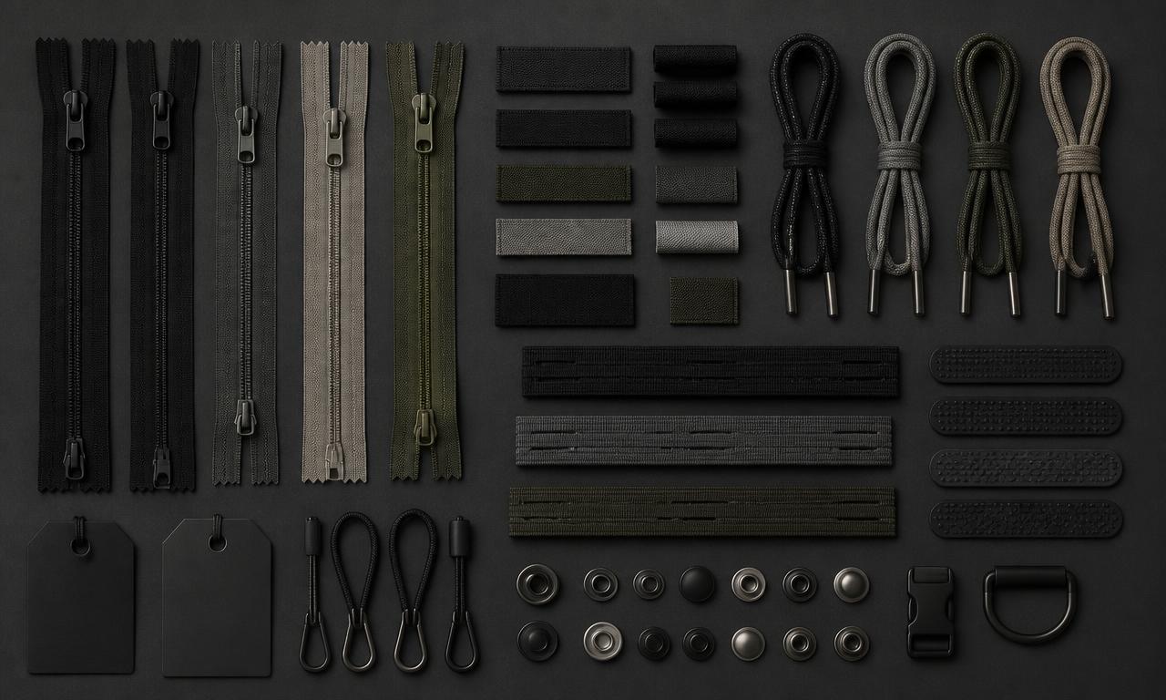 Flat-lay of garment trims: YKK zippers, woven labels, drawcords, elastic tape, snaps and hangtags